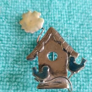 Silver-tone Birdhouse Brooch with Teal Enamel Birds